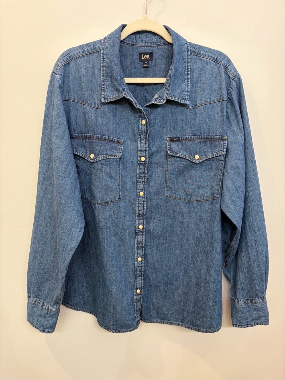 Lee Women's Legendary Western Denim Button Up  Shirt Size 2X Pearl Snaps Cotton